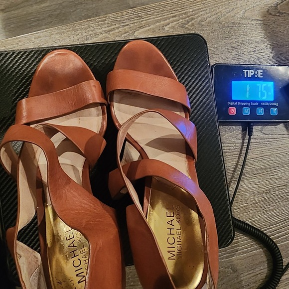 Michael Kors Elena Luggage Tan Leather Wedge Sandals Gold Plate Back Zip 9.5 - Picture 12 of 12